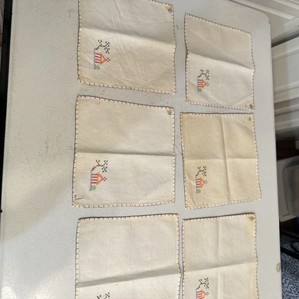 Vintage Embroidered Handkerchiefs Set of 6 Linen Estate Find